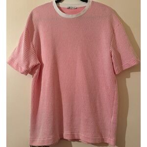 ZARA Striped Textured Knit T Shirt Pink White Crew‎ Neck Oversized Women's M